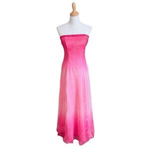 Vintage Y2K Pink Ombre Maxi Dress Barbie Fairy Strapless Glitter Corset Back
